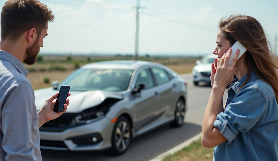 Two drivers exchanging details at the roadside after a collision