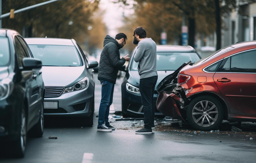 A driver photographing vehicle damage to record accident details