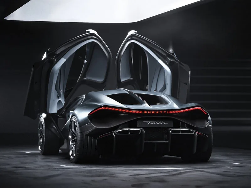 A Bugatti Tourbillon with its dihedral doors raised
