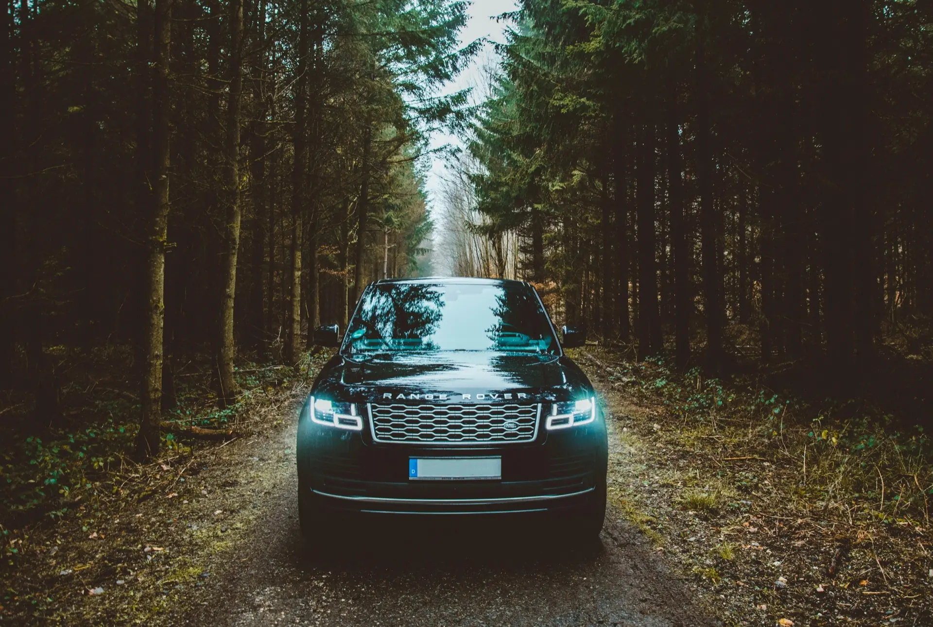 A black Range Rover on a forest track with its headlights on