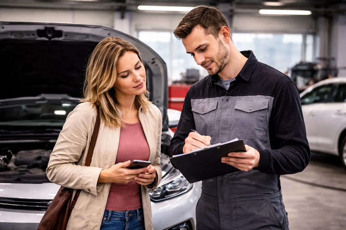 A driver discussing her vehicle with a technician