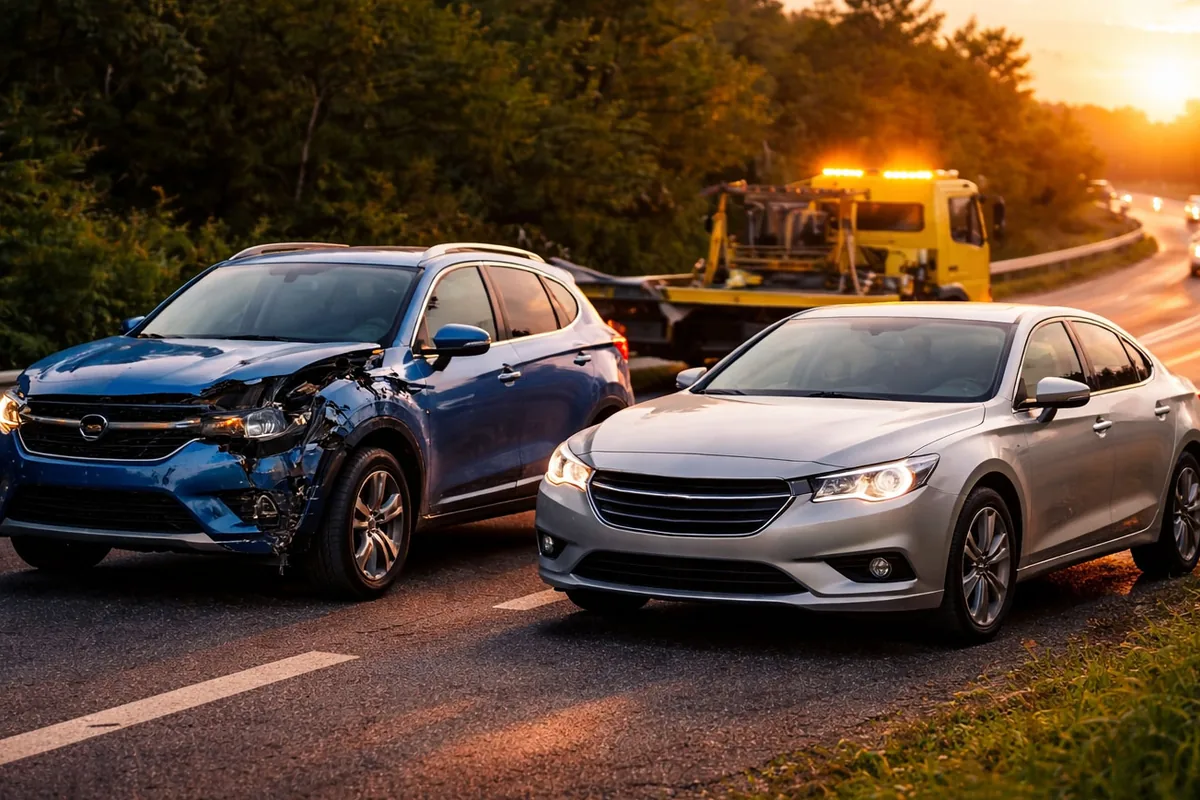 A damaged car at the roadside with a recovery truck approaching