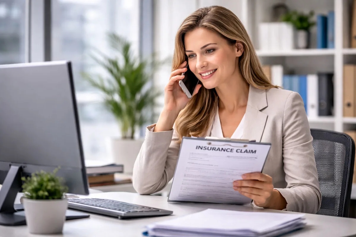 An insurance claim form being reviewed on the phone