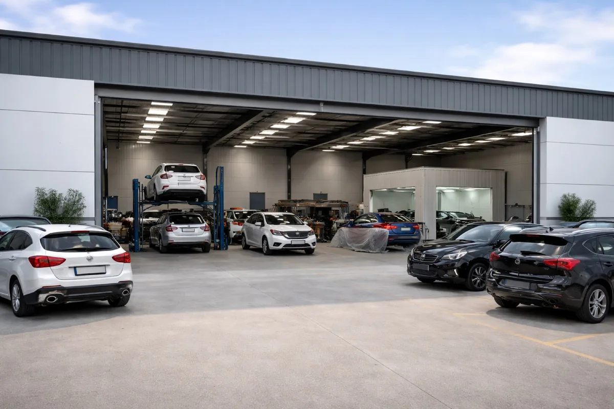 Cars on ramps inside an accident repair centre