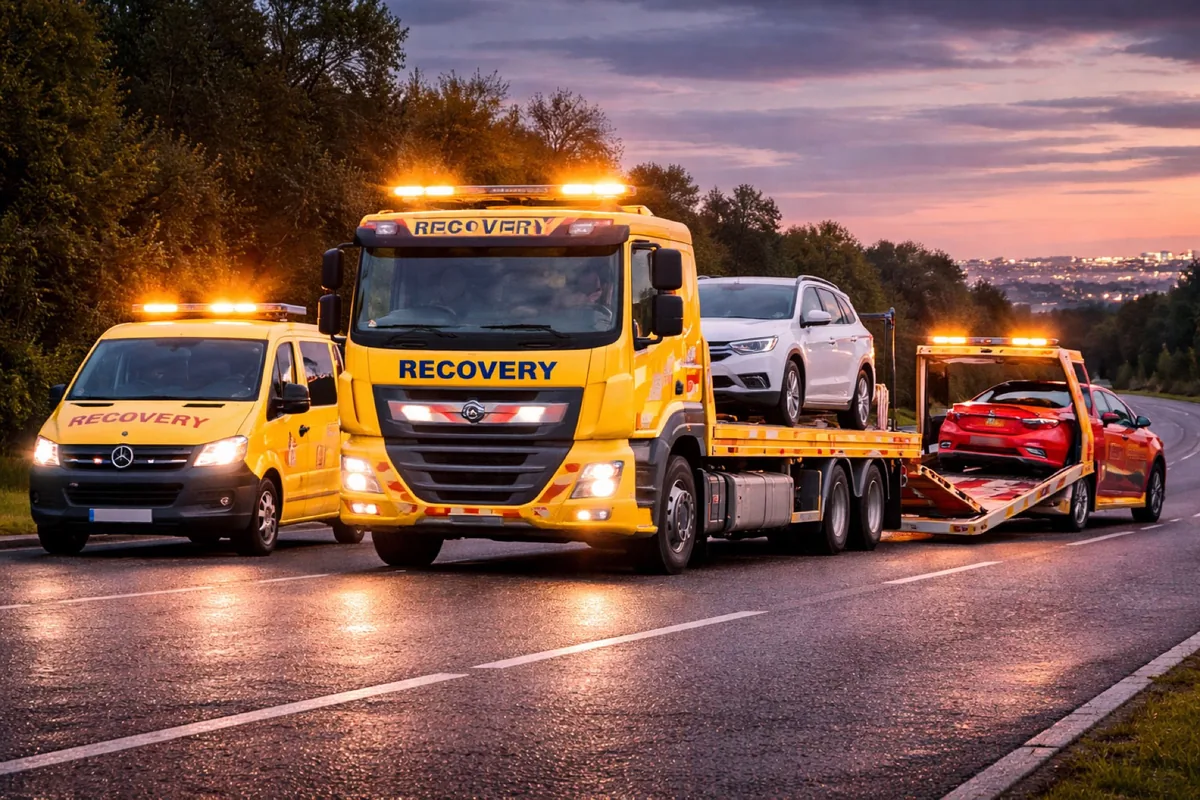 A recovery truck carrying a car at dusk